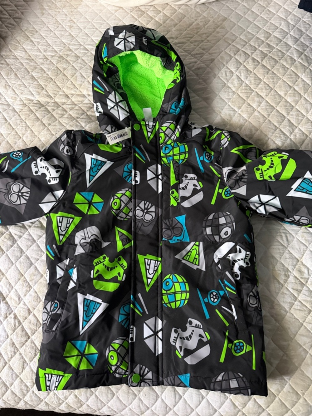 Star Wars Black Winter Jacket with Neon Green & Teal Sci‑Fi Print